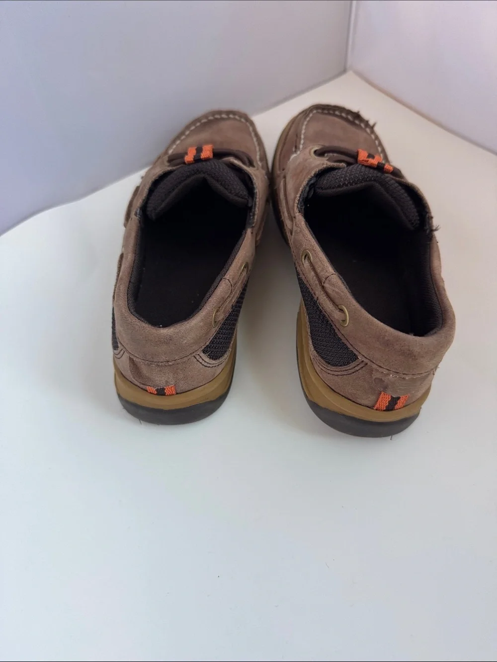 Kids Lands’ End Brown Suede Boat Shoes with Orange Accent